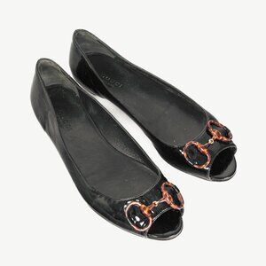 Gucci Black Patent-Leather Tortoise-Horsebit Peep-Toe Flats